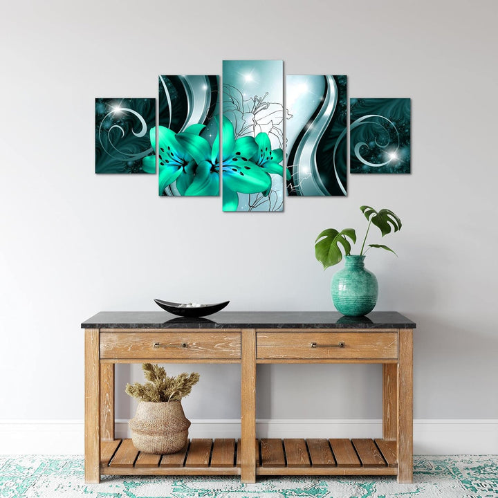 Runa Art Wandbilder Blumen Lilien 5 Teilig Bild auf Vlies Leinwand Deko Wohnzimmer Abstrakt Grün Sch