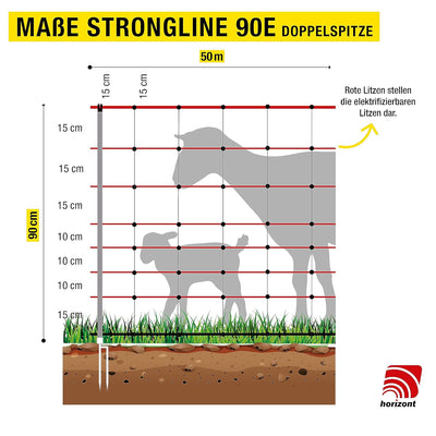 horizont strongLine Schafzaun 50m, 90cm hoch -14 Fiberglaspfähle Schafnetz mit Doppelspitze - mit St
