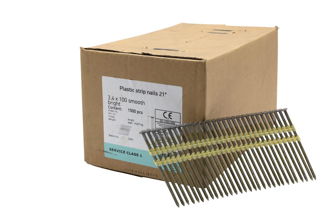 21° Rundkopf Streifennägel - 3,4X100mm, 1.500 stück, Nägel für Druckluft-Nagler, Blank/glatt, für fa
