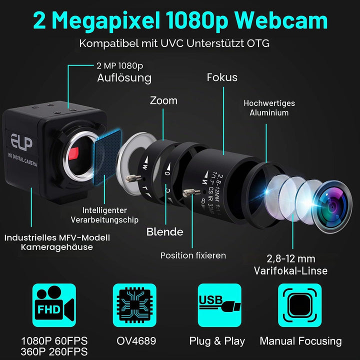 ELP Web Kamera 1080P mit 2.8-12mm Zoom Objektiv,2MP OV4689 60fps Weitwinkel Webcam Plug&amp;Play für PC,