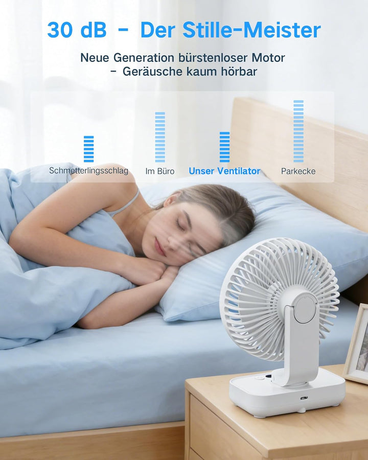 Tischventilator Automatisch Oszillierend, Leise 30 dB, Sanfter Luftstrom, 4500mAh Akku, USB-C, LED D