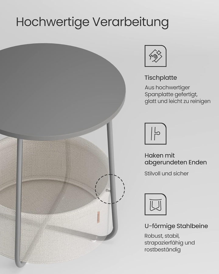 VASAGLE Beistelltisch rund, Kleiner Tisch, Couchtisch klein, Wohnzimmertisch, Korb aus Stoff, Staura