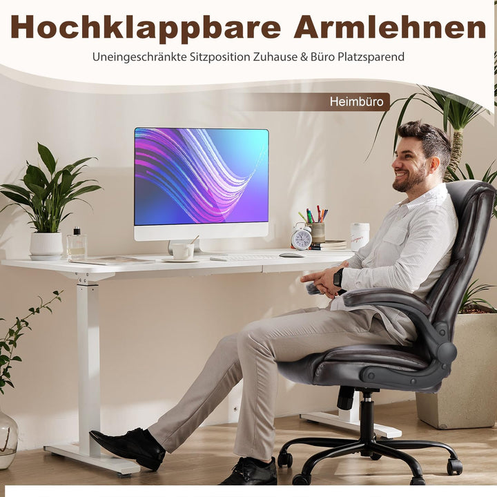 DUMOS Bürostuhl Pu-Leder Chefsessel mit Hochklappbaren Armlehnen Bürostuhle Leder mit Drehbaren Räde