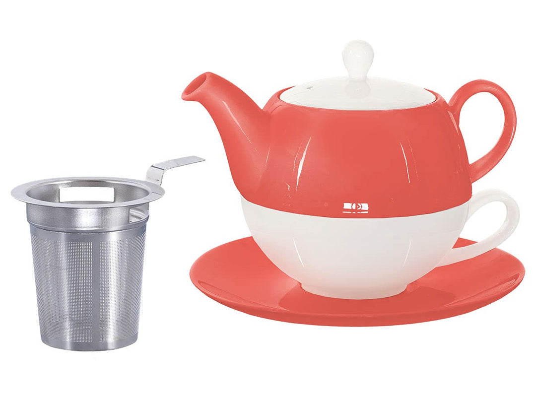 Buchensee Tea for One mit Sieb Lena 500ml aus Crystal Bone China Porzellan in coralrot. Teekanne + T