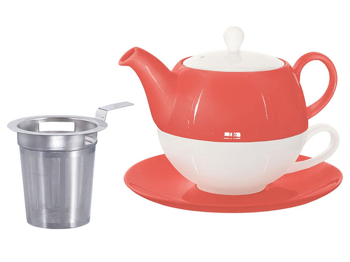 Buchensee Tea for One mit Sieb Lena 500ml aus Crystal Bone China Porzellan in coralrot. Teekanne + T