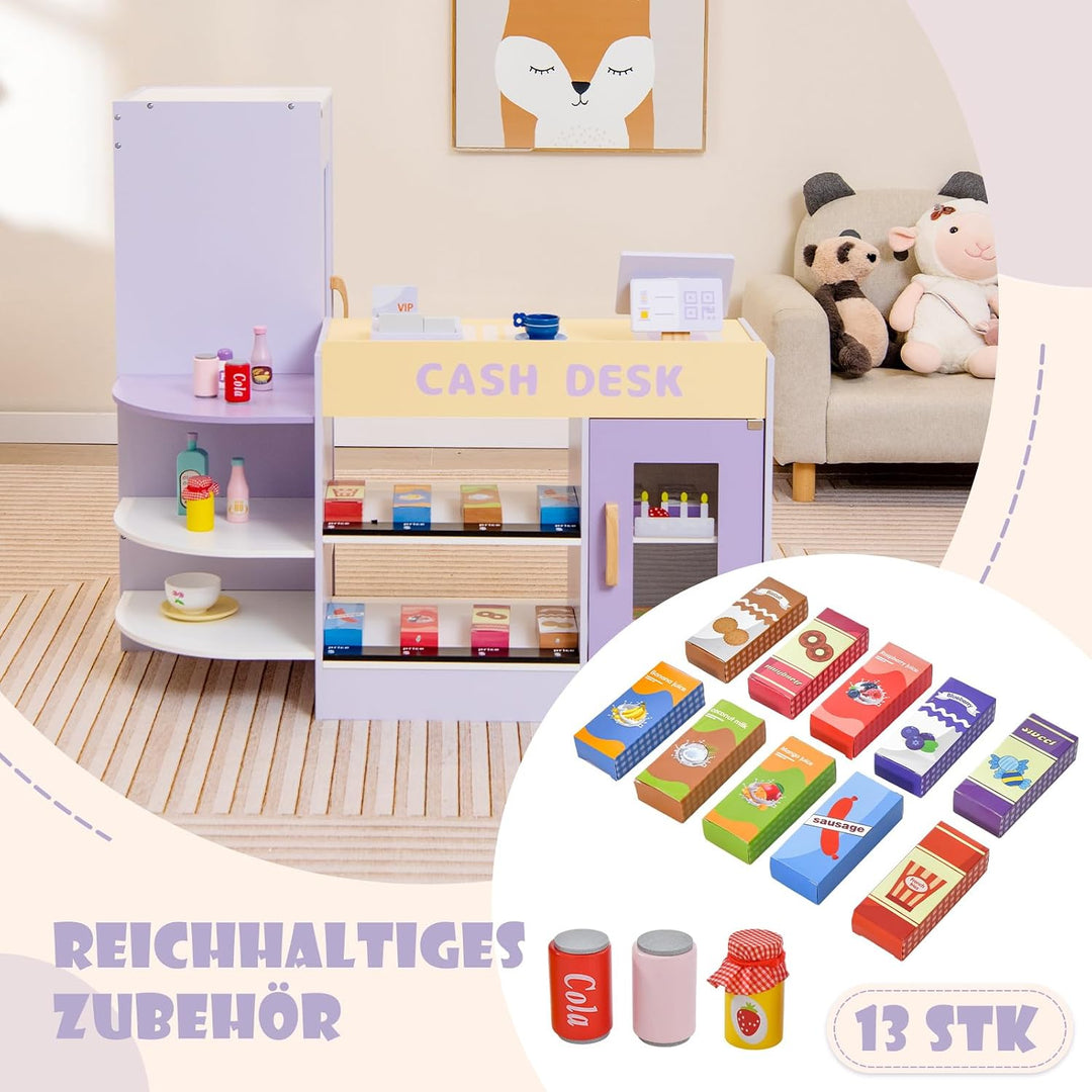 GOPLUS Kinder Kaufladen, Supermarkt aus Holz, Kaufmannsladen mit mit Kasse, POS-Automat & Verkaufsau