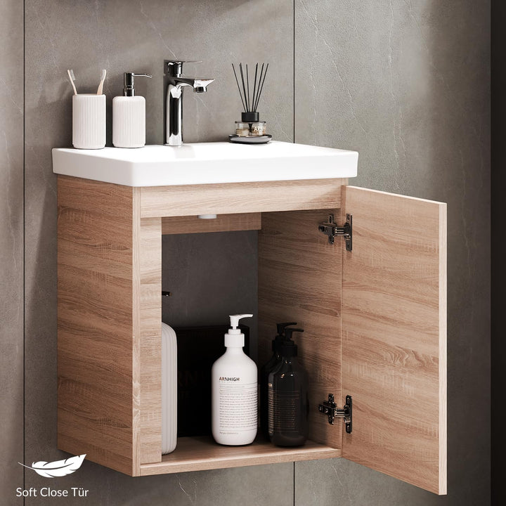 Planetmöbel Waschtischunterschrank 50 cm Sonoma Eiche mit Armatur Chrom mit Wasserhahn Chrom Sonoma
