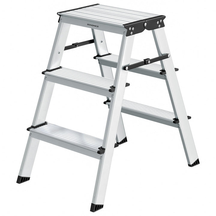SONGMICS Leiter, Trittleiter, Aluleiter mit 3 Stufen, Stehleiter, Mehrzweckleiter, bis 150 kg belast