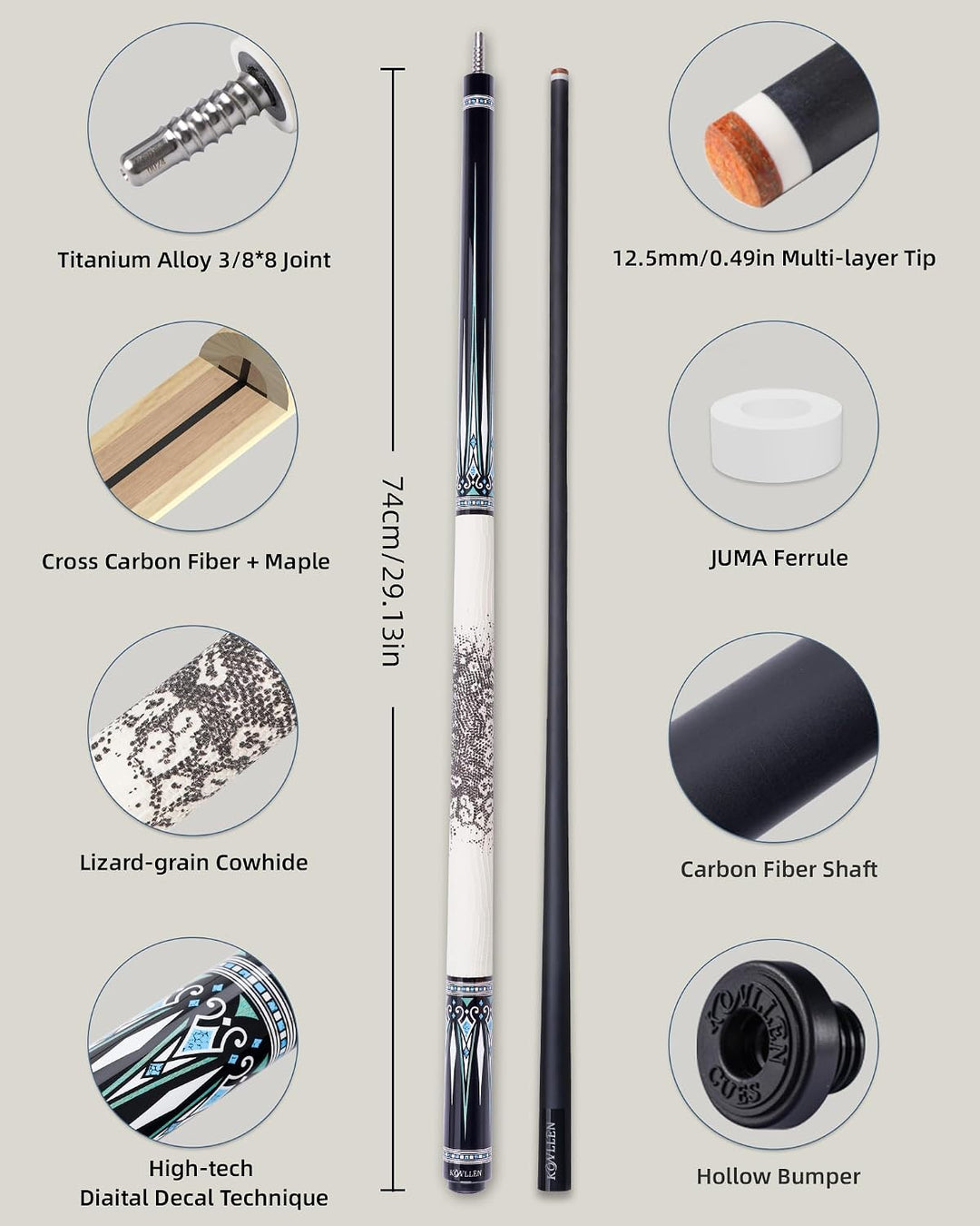 KONLLEN Karbonfaser-Pool-Queue, 147,3 cm, professionelle Poolsticks für Erwachsene, Vollcarbon-Techn