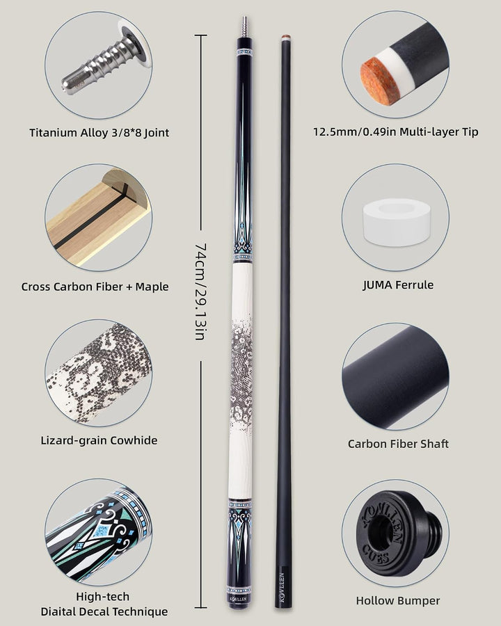 KONLLEN Karbonfaser-Pool-Queue, 147,3 cm, professionelle Poolsticks für Erwachsene, Vollcarbon-Techn