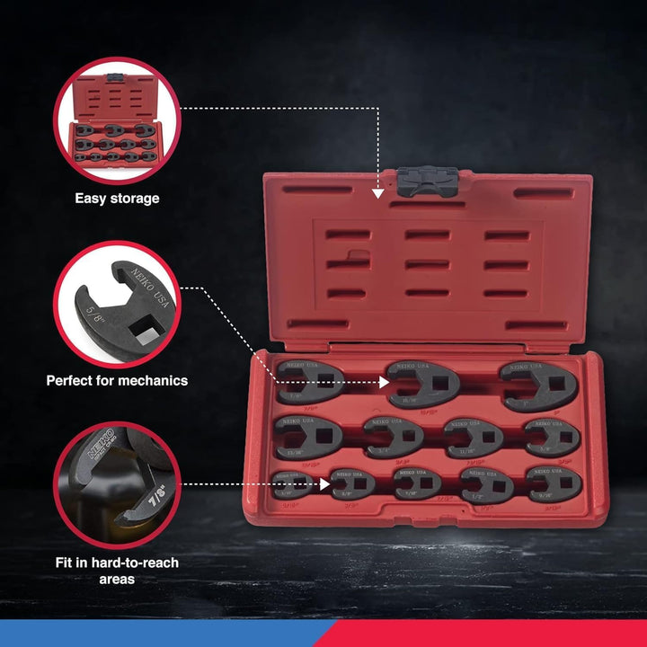 Neiko 03323A 3/8 1/2 Antrieb Hahnenfuss Bahnmutternschlüssel Satz | 12-teilig | SAE | 5/16 1 Zoll |