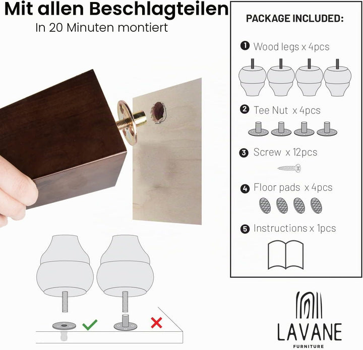 La Vane 4 Stück Massivholz Möbelfüsse 10cm (4 Zoll) - Europäischer Stil Handgeschnitzte Tischbeine,