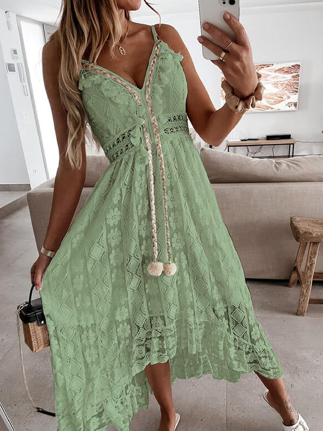 CUPSHE Damen Sommerkleid V Ausschnitt Floral Spitze Quasten Spaghetti Trägerkleid Freizeitkleider Hi