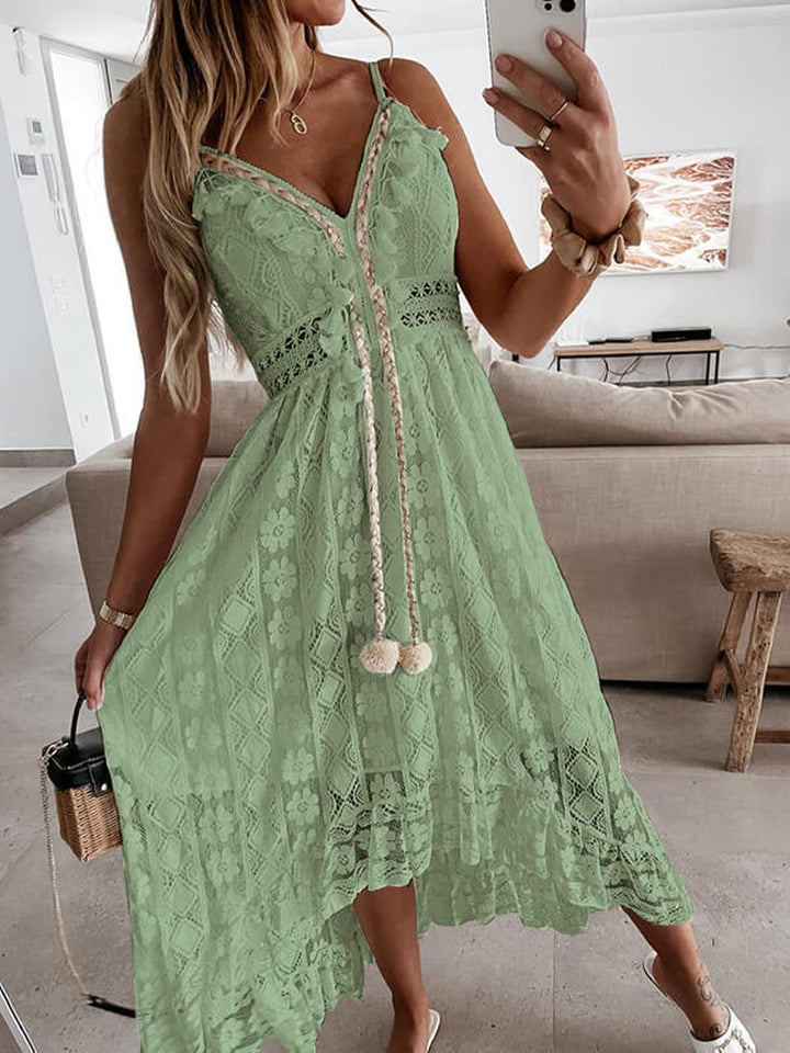 CUPSHE Damen Sommerkleid V Ausschnitt Floral Spitze Quasten Spaghetti Trägerkleid Freizeitkleider Hi