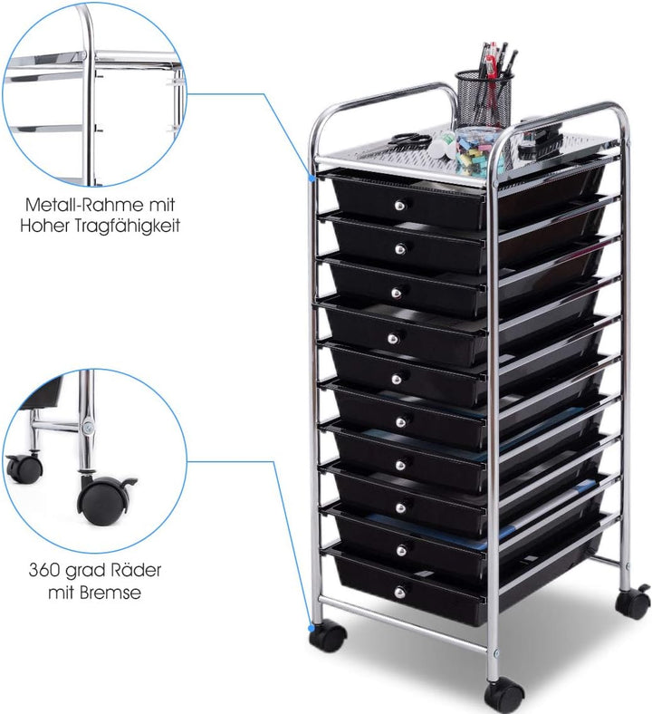 DREAMADE Rollwagen Schublade, Rollschrank Rollcontainer mit Schublade 10 Fächern, Haushaltswagen auf