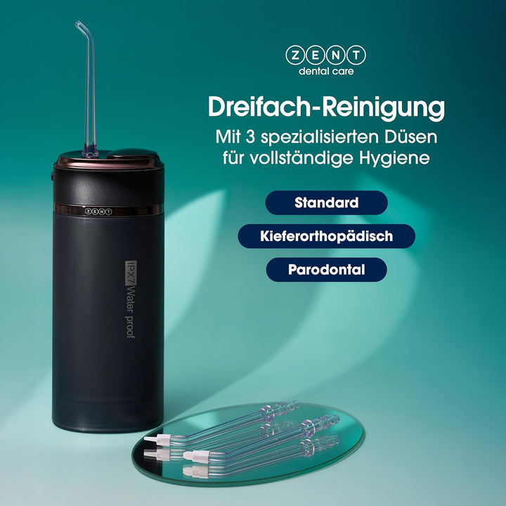 ZENT Munddusche kabellos, Water flosser für Reise, Erweiterte 360°-Rotationstechnologie, 3 Spezielle