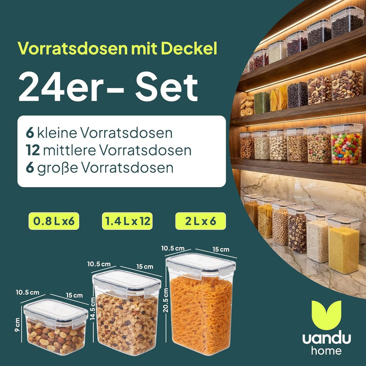 uandu Vorratsdosen mit Deckel luftdicht – 24er Vorratsbehälter Set BPA Frei, Aufbewahrungsbox Küche