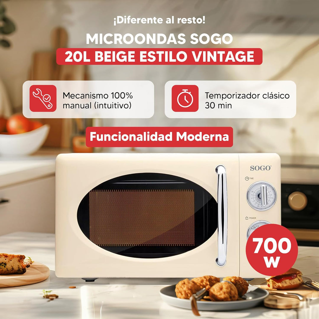 SOGO HOR-SS-890-BG Retro-Mikrowelle freistehend, 20 Liter, mit Timer und Auftaufunktion, 5 Leistungs