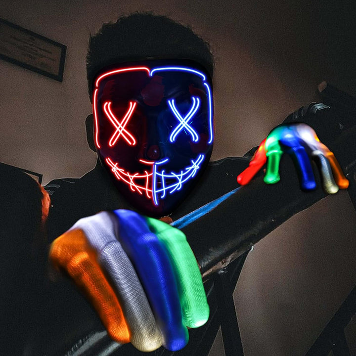 Colplay Halloween Maske LED Maske Leuchtende Handschuhe-Set, Mehrere Leuchtmodi The Maske Kostüm, Ha