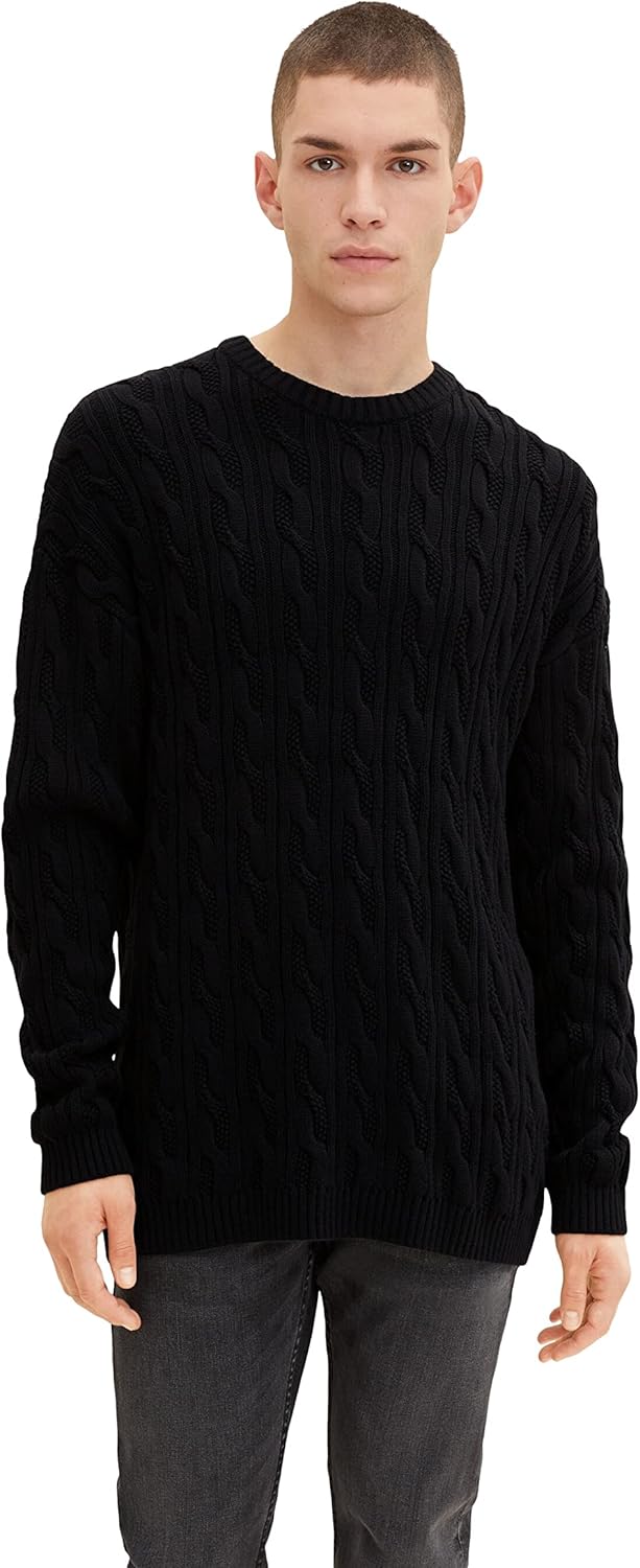 TOM TAILOR Denim Herren Pullover mit Zopfmuster M 29999 - Black, M 29999 - Black