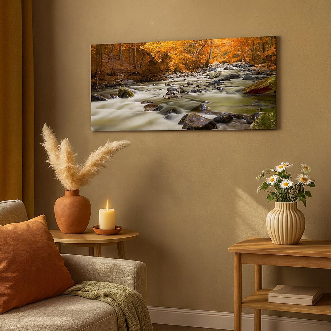 Wandbilder Dekoration Wohnzimmer Stream Herbst Forrest Berg Panorama Bilder auf Leinwand 120x50cm Le