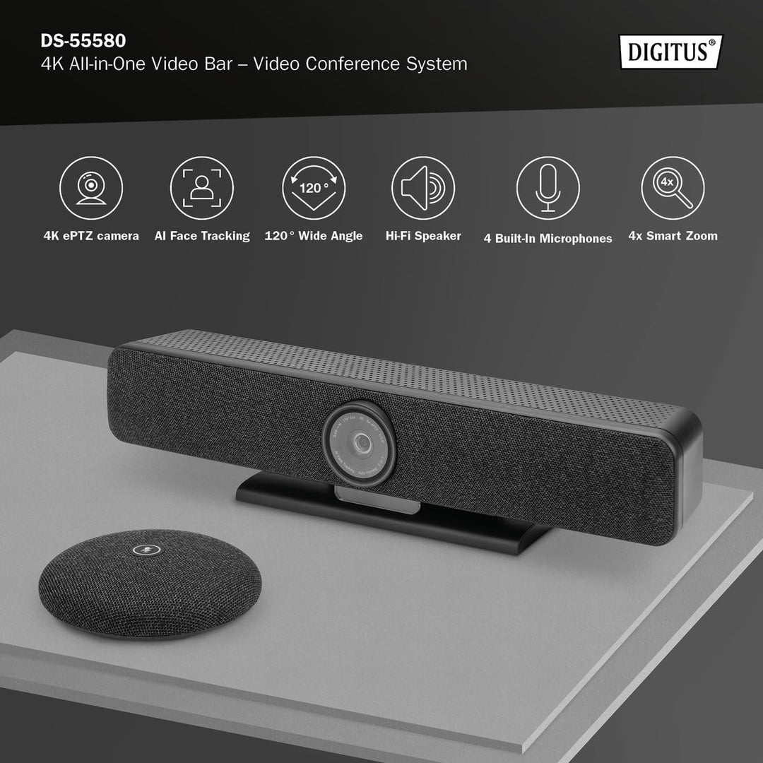 DIGITUS DS-55580 Video Bar Pro, Video-Konferenz-System – 4K UHD 30 Hz ePTZ Webcam Kamera – 1 Tischmi