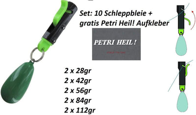 Jenzi Set: 10 Schleppbleie zum einfachen einclipsen in die Schnur, Verschiedene Gewichte+ gratis Pet