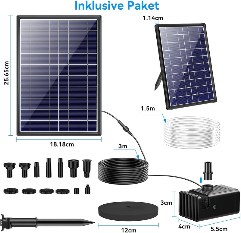 Biling Solar-Springbrunnen mit 7W Solar-Panel, eingebauter 1500 mAh Batterie, Solar-Teichpumpe, Sola