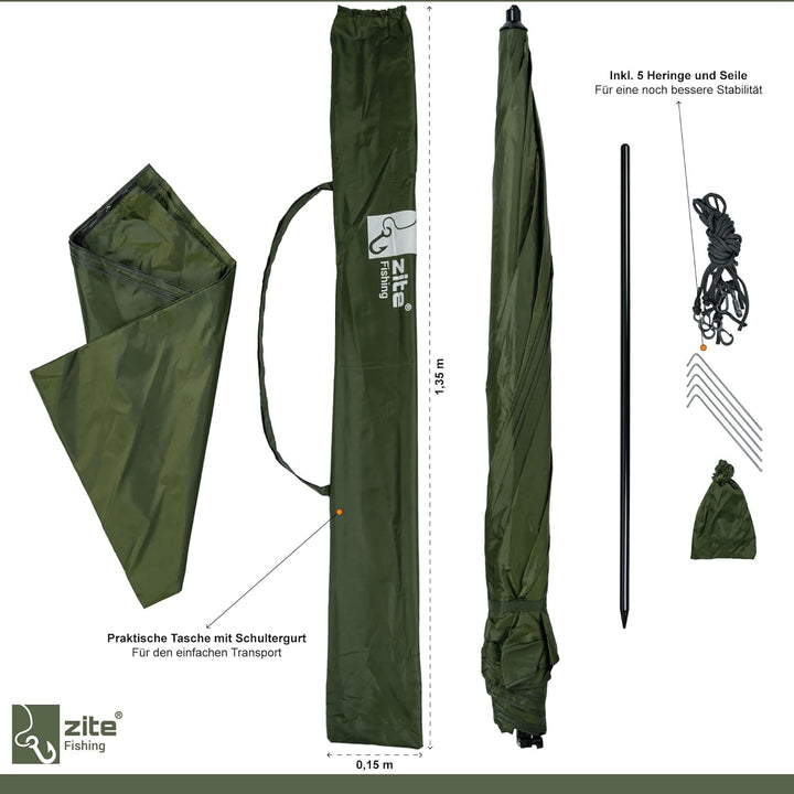 Zite Fishing Schirmzelt Wasserabweisend [Anglerzelt Halboffen & Geschlossen 250cm + Schirmstütze] Ka