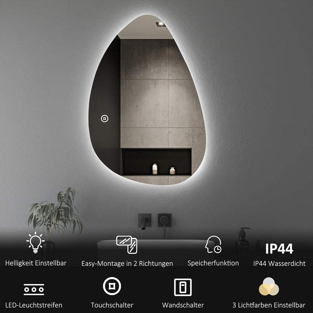 Boromal Unregelmässiger Form Asymmetrischer Spiegel mit LED Beleuchtung, Badspiegel mit Beleuchtung