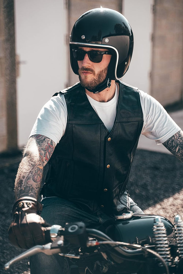 TEXPEED motorrad leder weste herren - Chopper biker rocker lederweste - Reissverschlusstaschen mit g