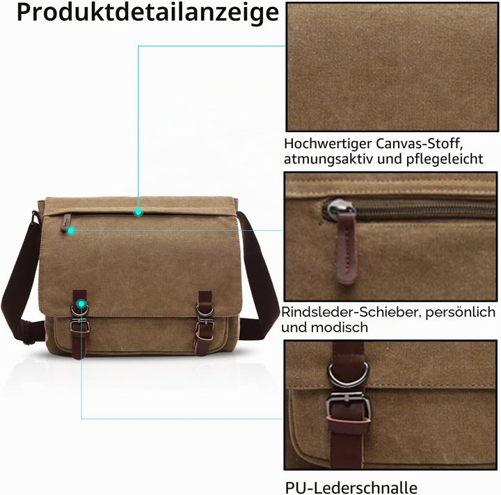 FANDARE Retro Umhängetasche Segeltuch Schultertasche Herren Damen Lehrertasche Briefträgertasche für
