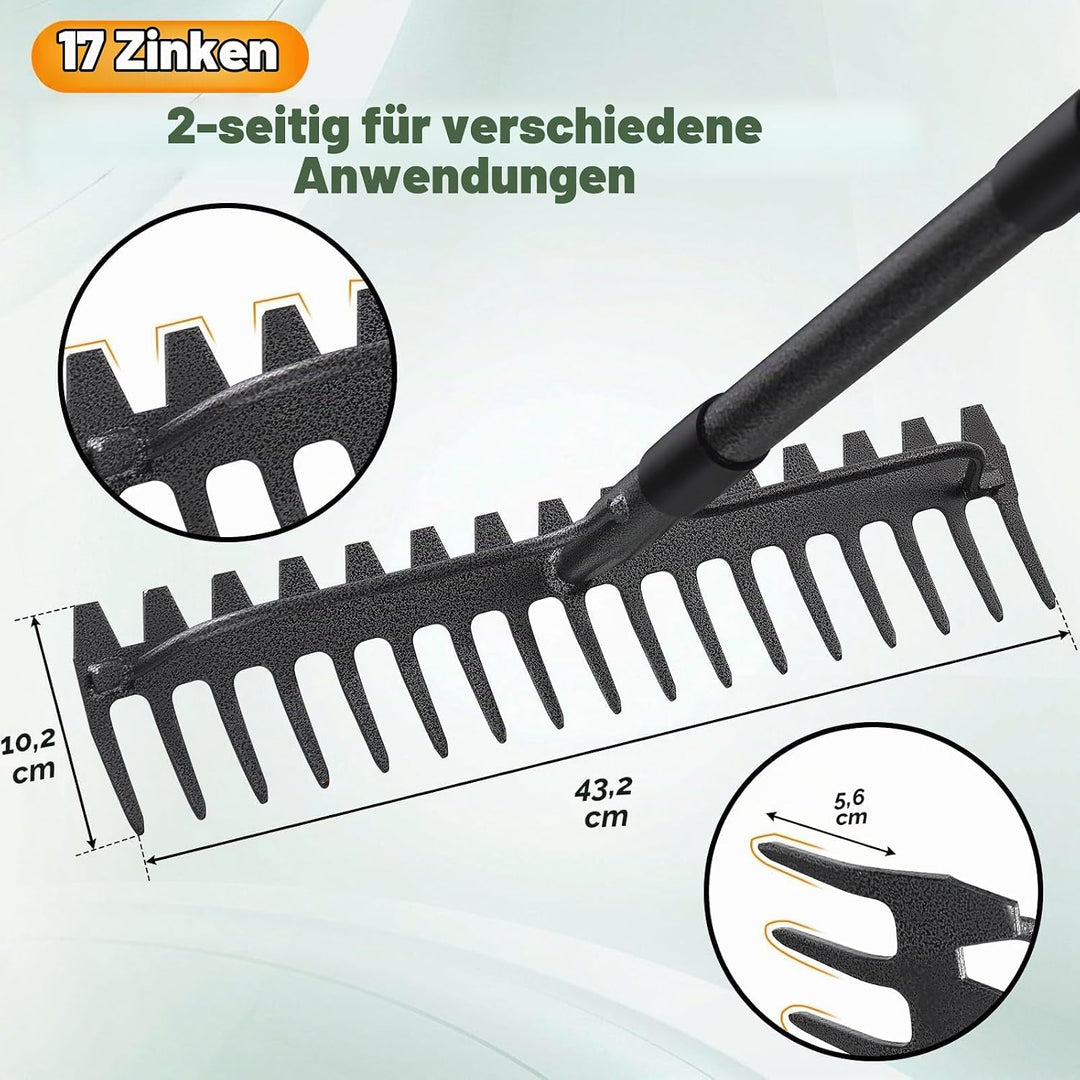 Gartenrechen 150 cm - Robuste Metall Gartenharke mit Stiel und 17 Zinken für Rasen, Laub &amp; Boden | R
