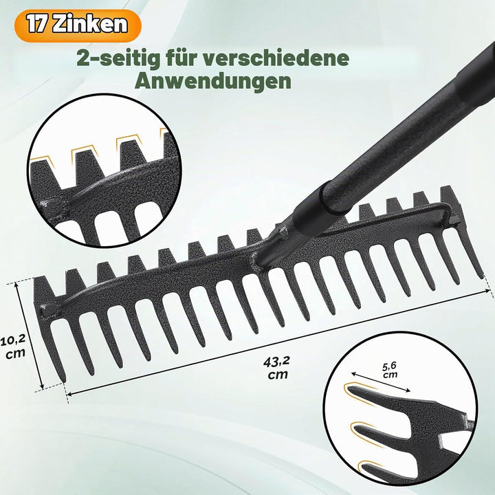 Gartenrechen 150 cm - Robuste Metall Gartenharke mit Stiel und 17 Zinken für Rasen, Laub &amp; Boden | R