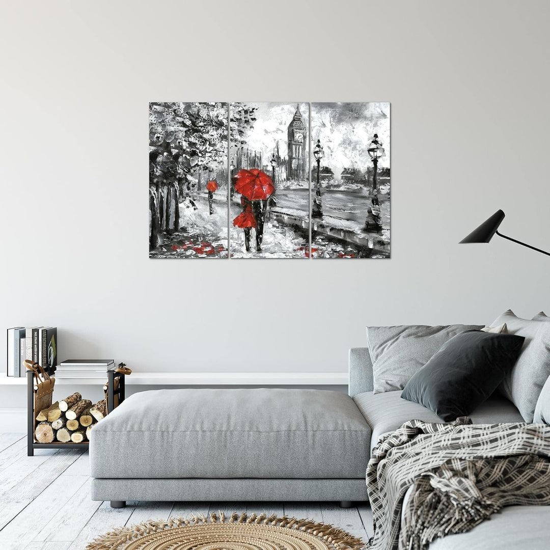 Runa Art Wandbilder London Bild XXL Wohnzimmer Schlafzimmer Rot Grau Gemalt 120 x 80 cm 3 Teilig 024