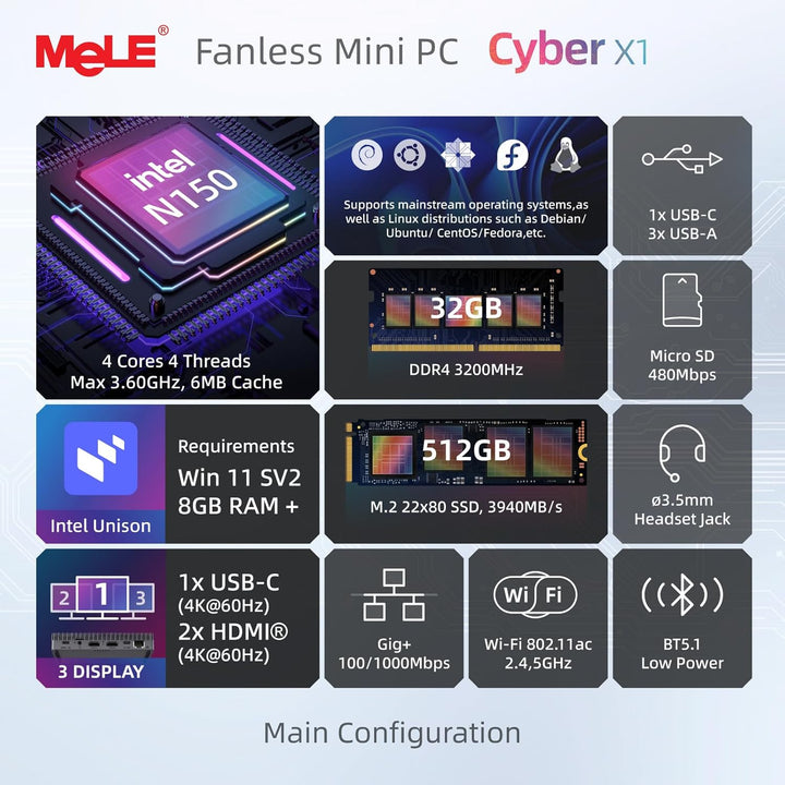 MeLE Cyber X1 Mini PC N150 (bis zu 3,6GHz, 4C/4T) 32GB LPDDR5 512GB Speicher Win 11 Pro Lüfterloser