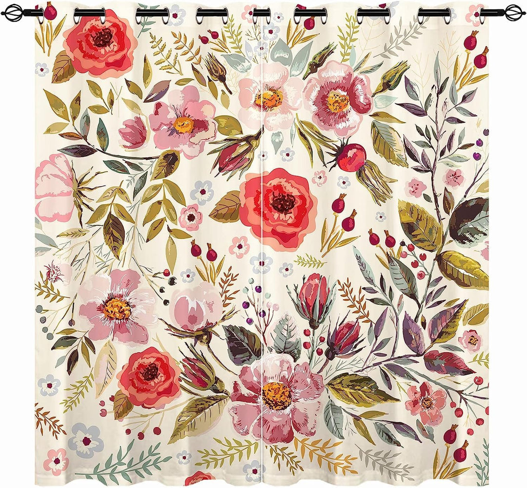 YUANZU Vintage Vorhänge Boho Stil Aquarell Blumen Ösen Gardinen mit Blickdichte Thermo Vorhang Kälte