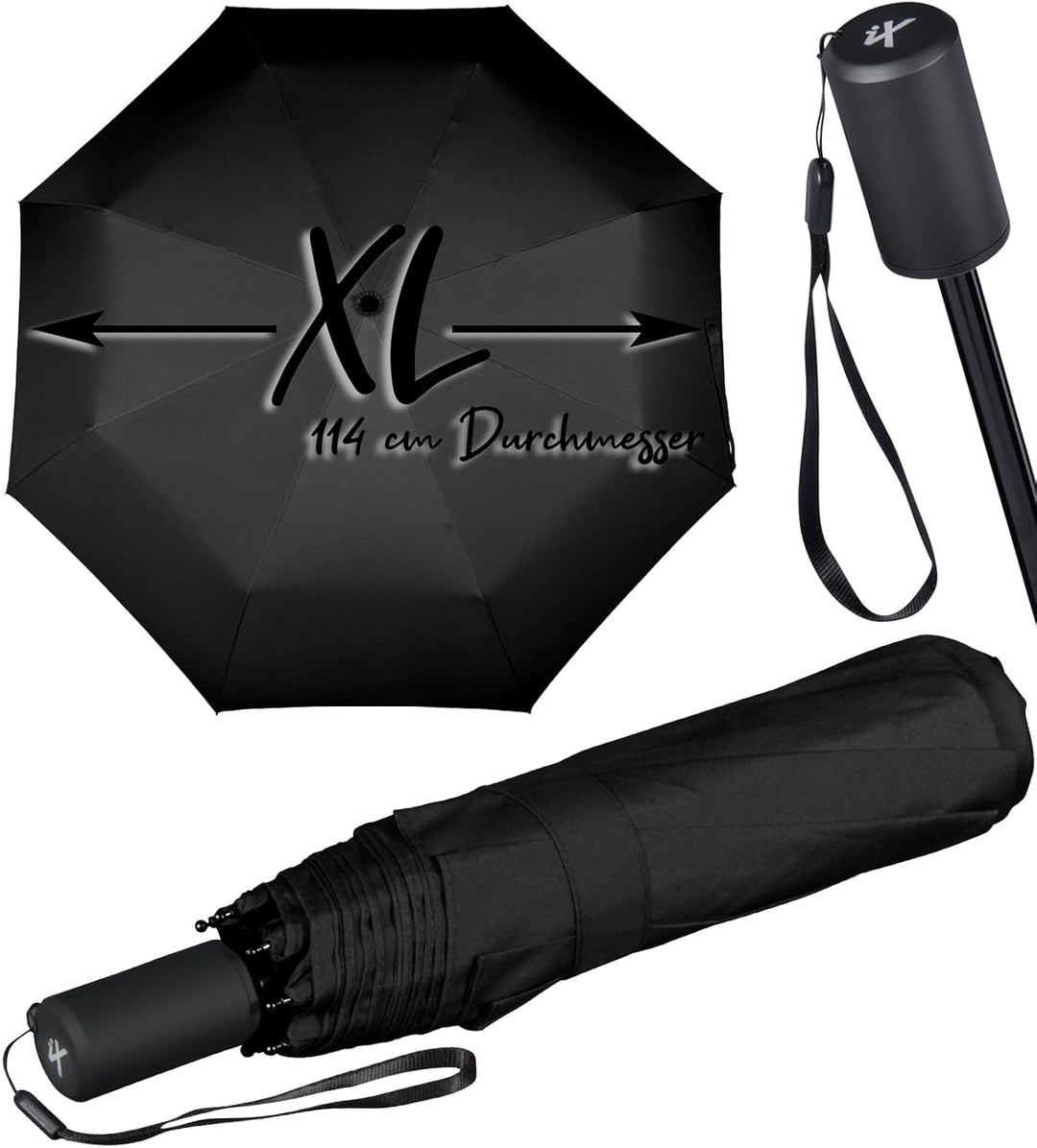 iX-brella Trekking XL Taschenschirm 115 cm gross mit Umhängetasche black, black