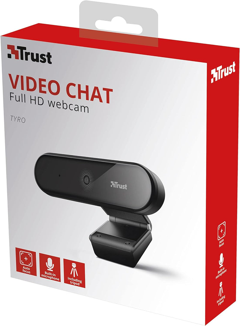 Trust Tyro Webcam Full HD 1080p mit Mikrofon für PC, Weitwinkel, Auto Fokus, USB Plug and Play, Vide