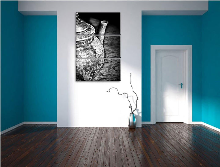 Pixxprint Monocrome, stilvolle alte Teekanne aus Keramik 3-Teiler Leinwandbild 120x80 Bild auf Leinw