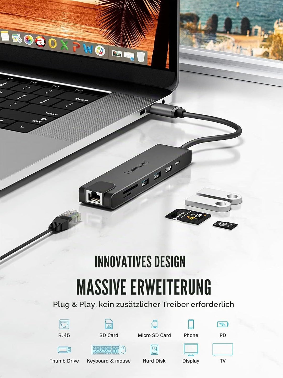 Lemorele USB C Hub, 7 in 1 USB C Aluminiumgehäuse Multiport Adapter mit RJ45, 100W PD, 4K HDMI, 2 US