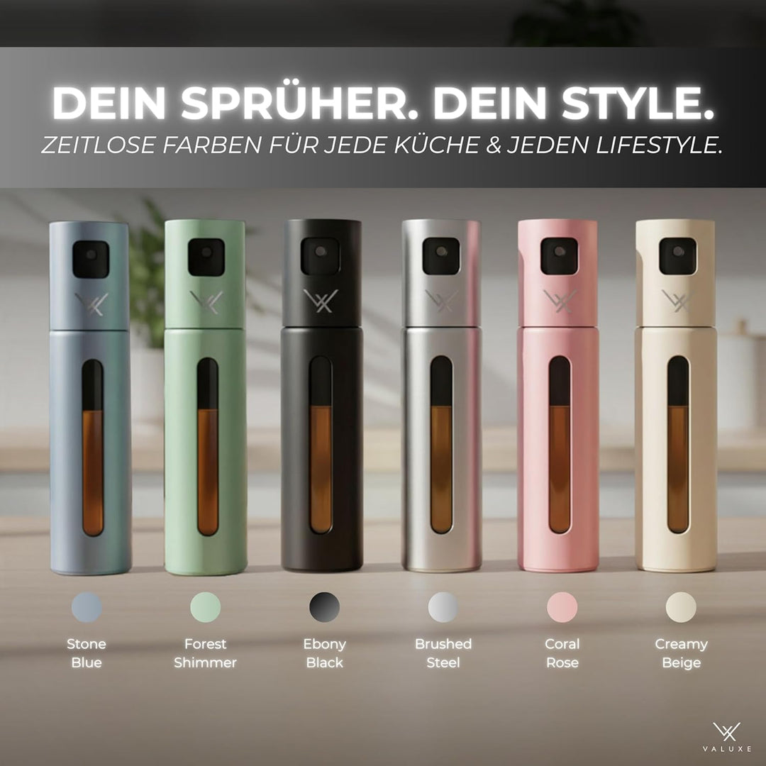VALUXE® Ölsprüher für Speiseöl & Essig mit UV-Edelstahlmantel & Sprühfilter - Edelstahl Öl-Sprühflas