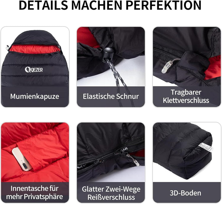 Daunenschlafsack, Winterschlafsack, gefüllt mit 650er Entendaunen. RDS-Zertifiziert. Geeignet für Te