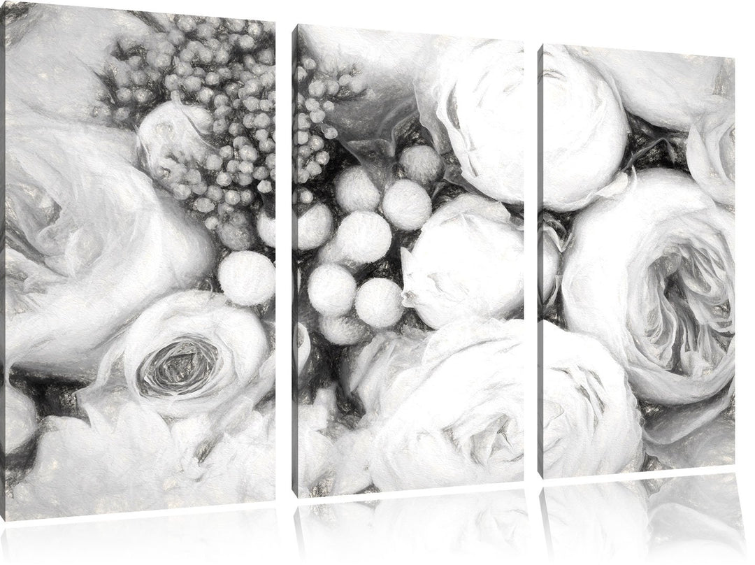 Pixxprint Rosa Rosen / 3-Teilig/Gesamtmass 120cm Leinwandbild bespannt auf Holzrahmen/Wandbild Kunst