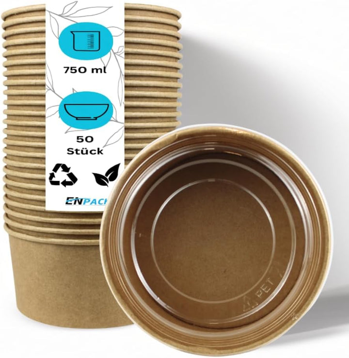 Enpack - 750ml Pappschalen für Lebensmittel aus Kraft Papier mit RPET Deckel 100 Stück - Einweg Papp