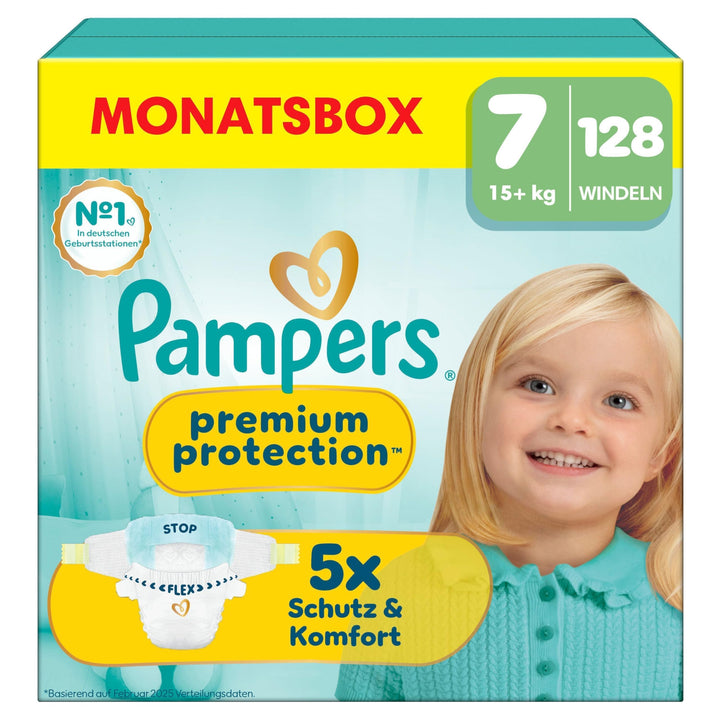 Pampers Premium Protection Grösse 7, 128 Windeln, 15kg+, unser Nr. 1 Haut- und Auslaufschutz Grösse