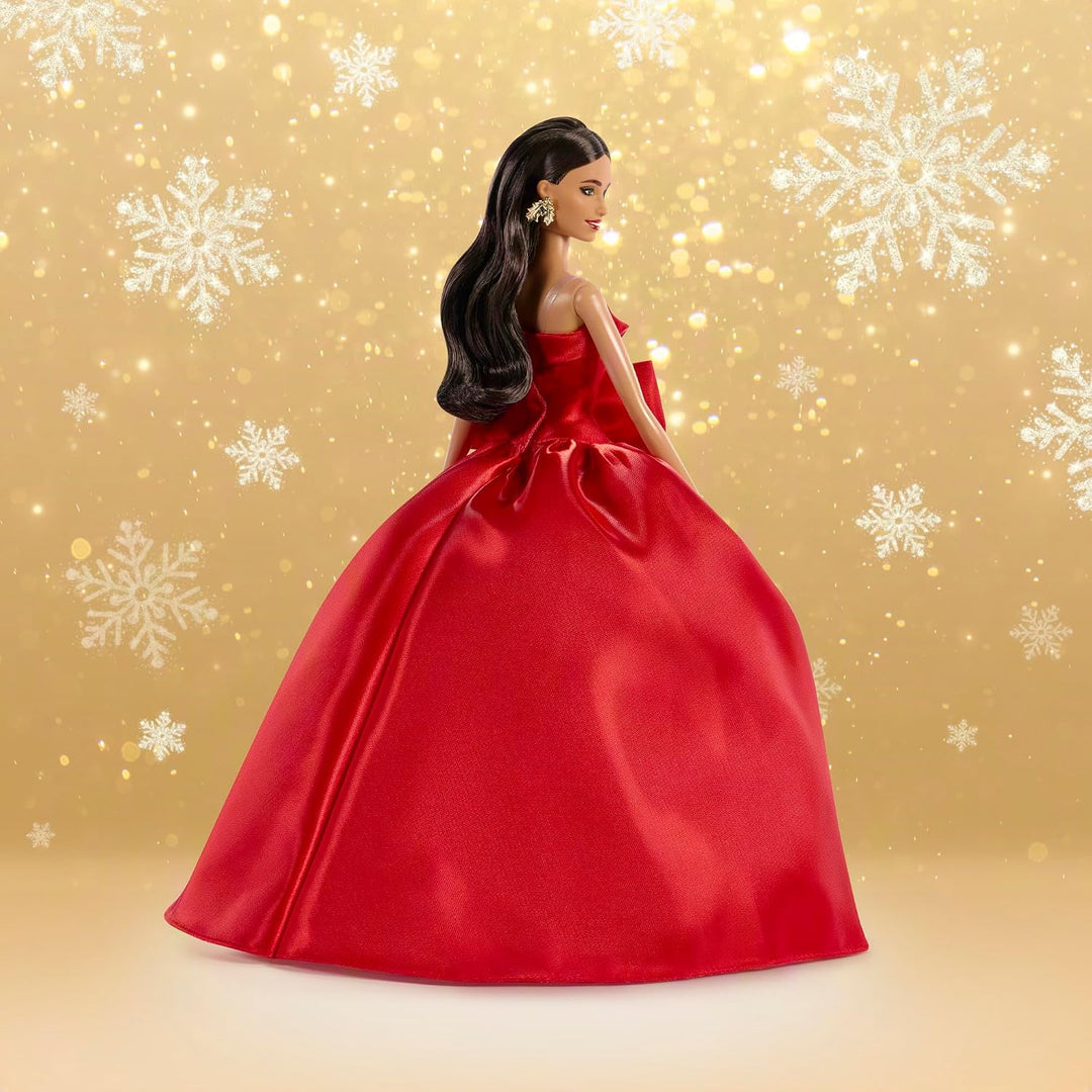 Barbie Signature Puppe, Holiday 2026, braunhaarige Modepuppe | mit Schleifenkleid in Rot, saisonale
