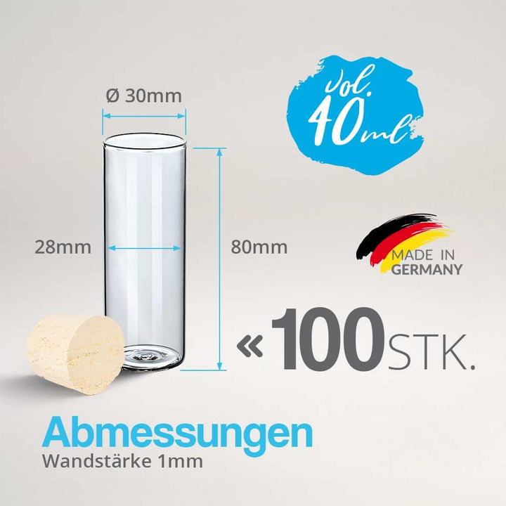 Tuuters 100 Stück Glas Reagenzgläser mit Korken (80 x Ø 30mm) Flachboden | 40ml Reagenzglas mit Natu