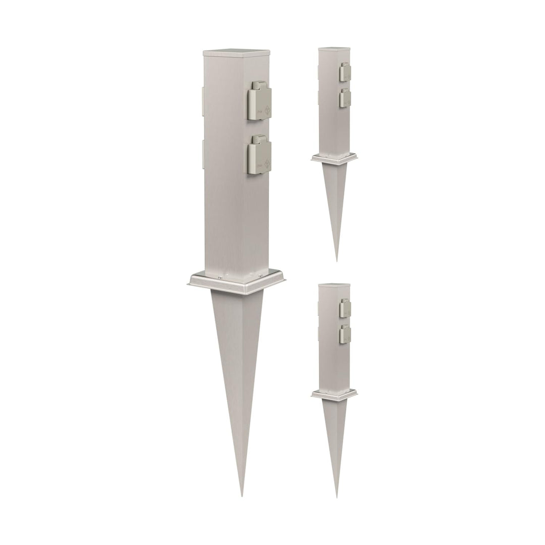 ledscom.de 3X Garten-Steckdosen-Säule Polly mit Erdspiess für aussen, 4-Fach, Edelstahl, eckig, 38cm
