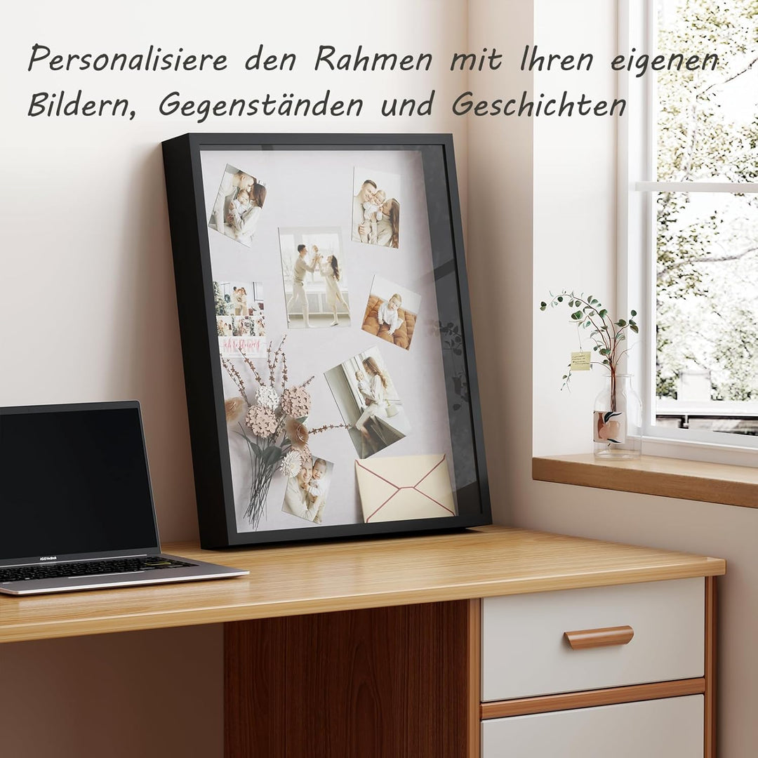 Muzilife 3D Bilderrahmen zum Befüllen Schwarz 40x50 cm, Holz Rahmen Objektrahmen Shadow Box mit Glas